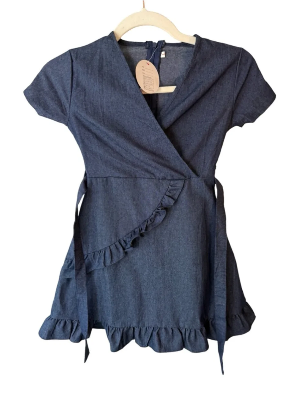 Beauty Fashion Kids Denim Look Wrap Dress Size L Fits Smaller Ruffle Hem - Picture 2 of 11